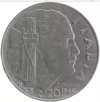 Монета 20 чентезимо Италии 1942 года Железо Витторио Иммануил III