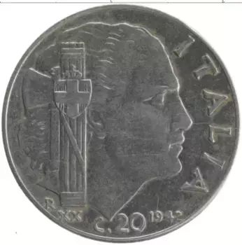 Монета 20 чентезимо Италии 1942 года Железо Витторио Иммануил III