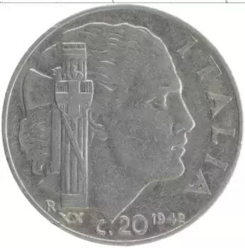 Монета 20 чентезимо Италии 1942 года Железо Витторио Эммануил III