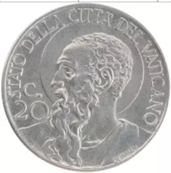 Монета 20 чентезимо Ватикана 1941 года Медно-никель Папа Пий XI