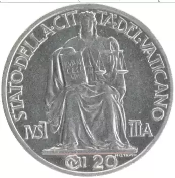 Монета 20 чентезимо Ватикана 1942 года Медно-никель Пий XII