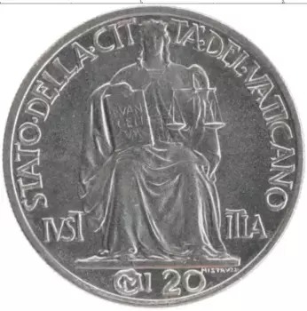 Монета 20 чентезимо Ватикана 1942 года Медно-никель Пий XII