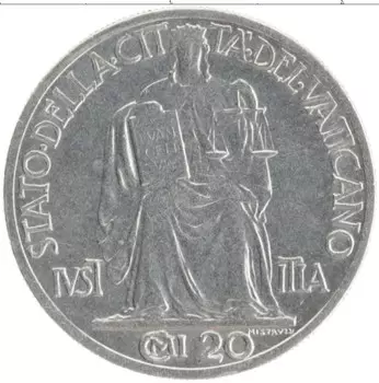 Монета 20 чентезимо Ватикана 1943 года Медно-никель Пий XII