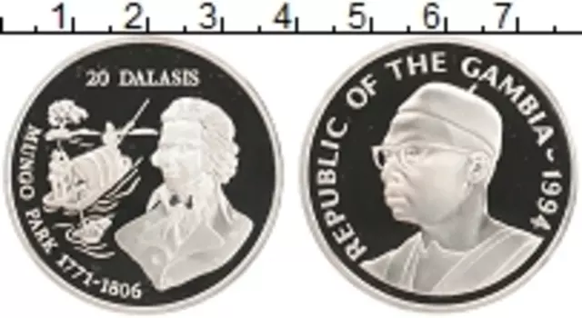 Монета 20 даласи Гамбии 1994 года Серебро Мунго парк 1771-1806