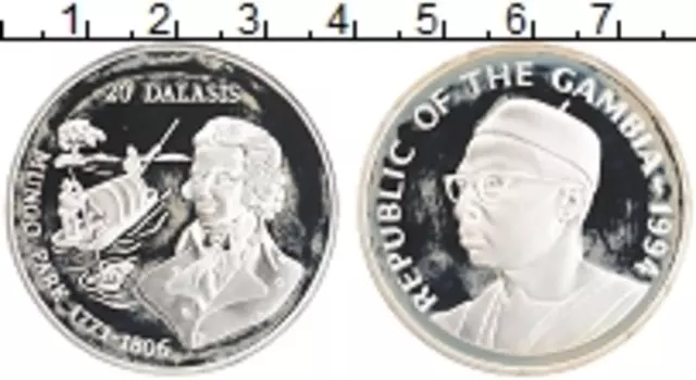Монета 20 даласи Гамбии 1994 года Серебро Мунго Парк