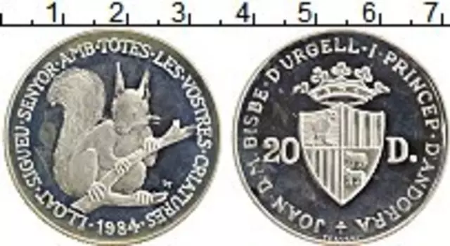 Монета 20 динерс Андорры 1984 года Серебро Белка