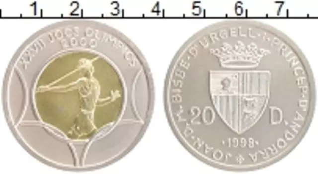 Монета 20 динерс Андорры 1998 года Серебро Олимпийские игры в Сиднее