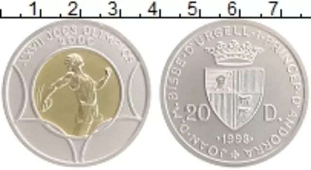 Монета 20 динерс Андорры 1998 года Серебро Олимпийские игры в Сиднее
