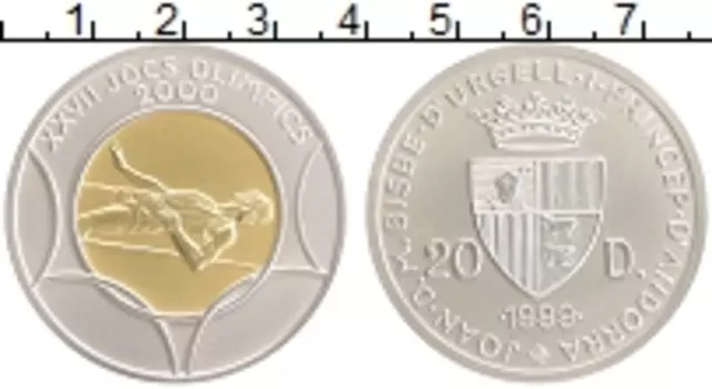 Монета 20 динерс Андорры 1999 года Серебро Олимпийские игры в Сиднее