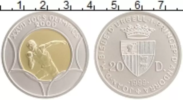 Монета 20 динерс Андорры 1999 года Серебро Олимпийские игры в Сиднее