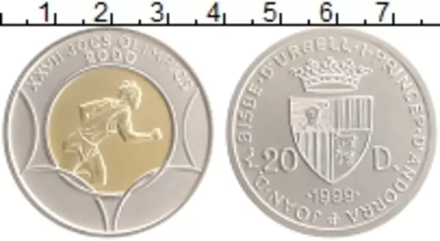 Монета 20 динерс Андорры 1999 года Серебро Олимпийские игры в Сиднее