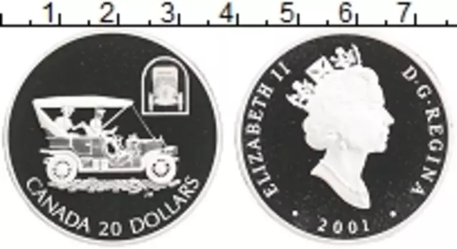 Монета 20 долларов Канады 2001 года Серебро Транспорт - Автомобиль Russell Light Four Model L