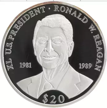 Монета 20 долларов Либерии 2000 года Серебро 40-й президент США Рональд Рейган