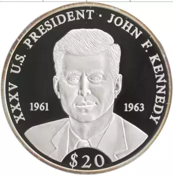 Монета 20 долларов Либерии 2000 года Серебро 35-й президент США Джон Кеннеди