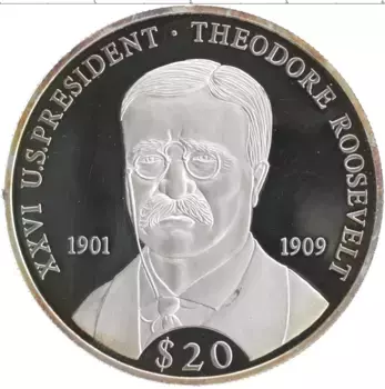 Монета 20 долларов Либерии 2000 года Серебро 26-й президент США Теодор Рузвельт