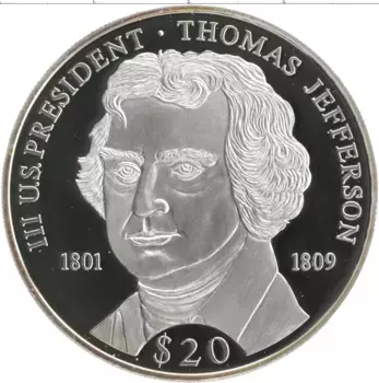 Монета 20 долларов Либерии 2000 года Серебро 3-й президент США Томас Джефферсон