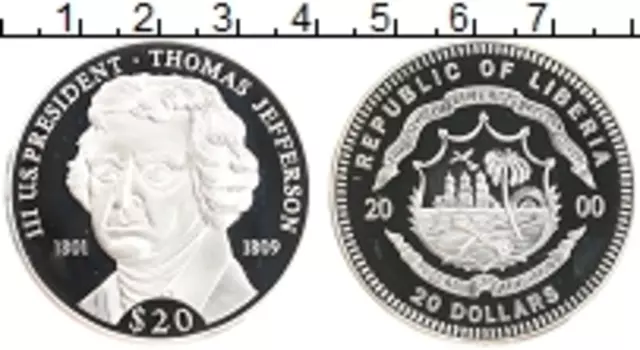 Монета 20 долларов Либерии 2000 года Серебро Томас Джефферсон