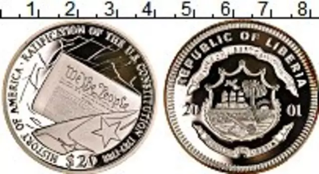 Монета 20 долларов Либерии 2001 года Серебро Конституция США