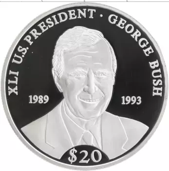 Монета 20 долларов Либерии 2006 года Серебро 41-й президент США Джордж Герберт Уокер Буш