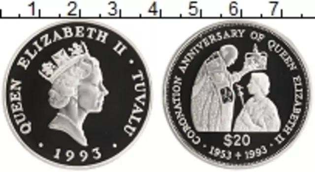 Монета 20 долларов Тувалу 1993 года Серебро 40 лет Коронации королевы Елизаветы II