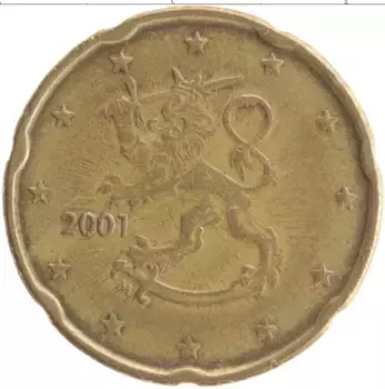 Монета 20 евроцентов Финляндии 2001 года Латунь