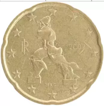 Монета 20 евроцентов Италии 2002 года Латунь Скульптура Умберто Боччони