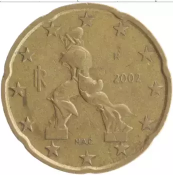 Монета 20 евроцентов Италии 2002 года Латунь