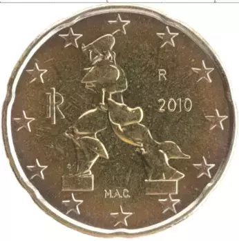 Монета 20 евроцентов Италии 2010 года Латунь