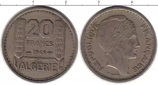 Монета 20 франков Алжира 1949 года Медно-никель Колония Франции