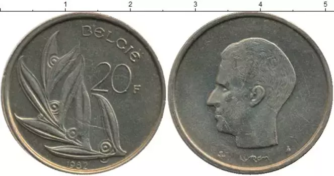 Монета 20 франков Бельгии 1982 года Бронза