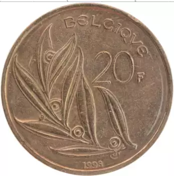 Монета 20 франков Бельгии 1993 года Бронза Король Бодуэн