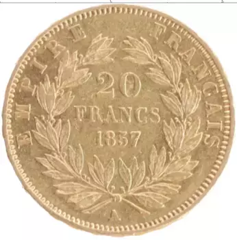 Монета 20 франков Франции 1857 года Золото Наполеон III
