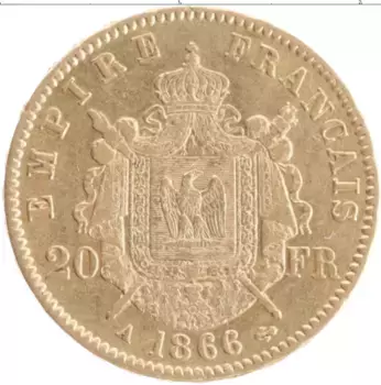 Монета 20 франков Франции 1866 года Золото А