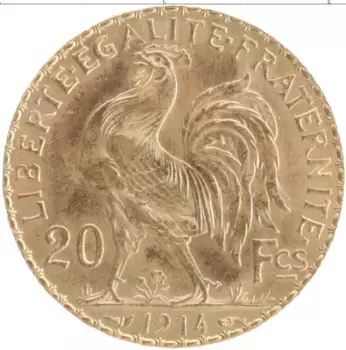 Монета 20 франков Франции 1914 года Золото Республика (КМ# 857 Проба 900
