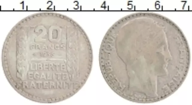 Монета 20 франков Франции 1933 года Серебро