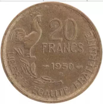 Монета 20 франков Франции 1950 года Латунь В