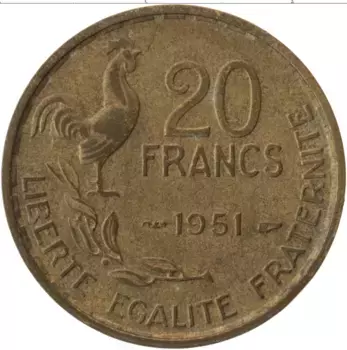 Монета 20 франков Франции 1951 года Латунь