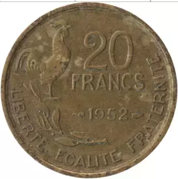 Монета 20 франков Франции 1952 года Латунь