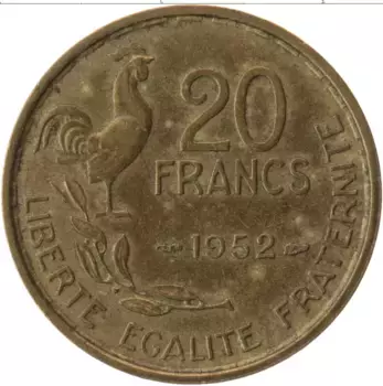 Монета 20 франков Франции 1952 года Латунь