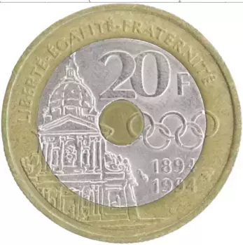 Монета 20 франков Франции 1994 года Биметалл Пьер де Кубертен