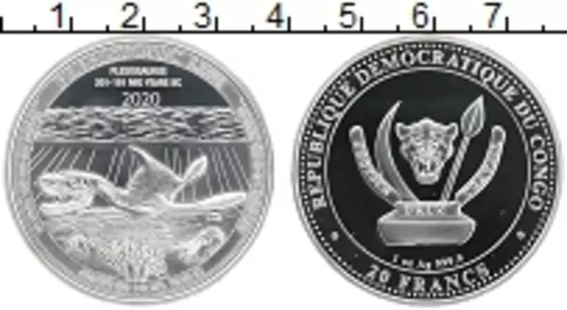 Монета 20 франков Конго 2020 года Серебро Динозавр Плезиозавр