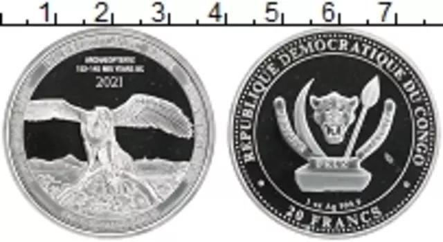 Монета 20 франков Конго 2021 года Серебро Археоптерикс