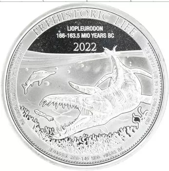 Монета 20 франков Конго 2022 года Серебро Доисторическая жизнь - Лиоплевродон