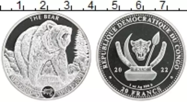 Монета 20 франков Конго 2022 года Серебро Медведь
