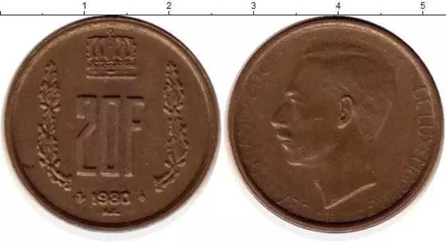 Монета 20 франков Люксембурга 1980 года Бронза Жан