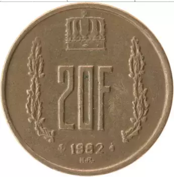 Монета 20 франков Люксембурга 1982 года Бронза Жан