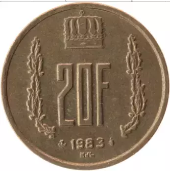 Монета 20 франков Люксембурга 1983 года Бронза Жан