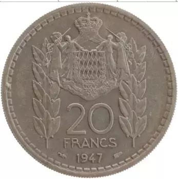 Монета 20 франков Монако 1947 года Медно-никель Луи II