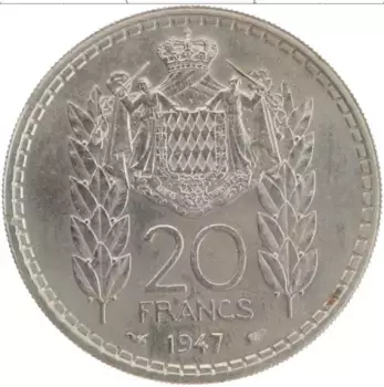 Монета 20 франков Монако 1947 года Медно-никель Луи II