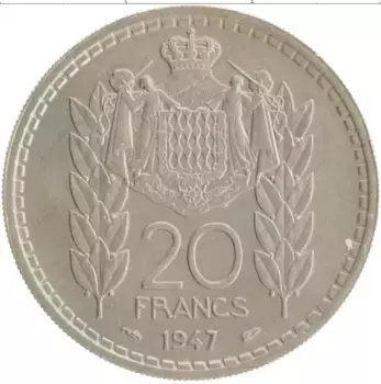 Монета 20 франков Монако 1947 года Медно-никель Князь Луи II